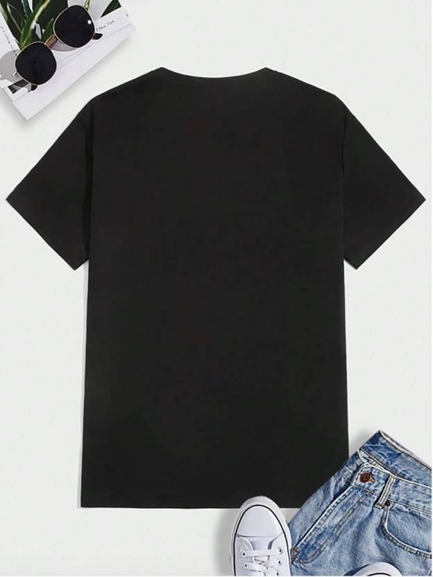 Printed Round Neck Polyester Black T-Shirt