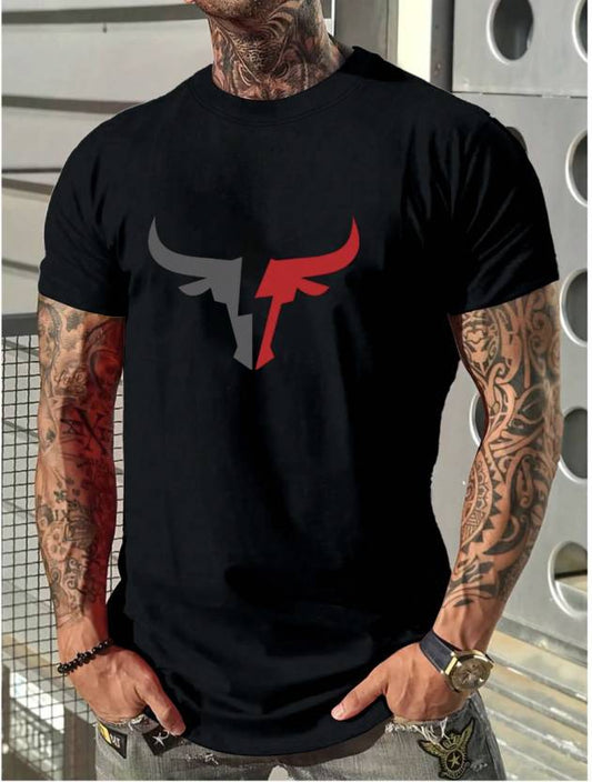 Printed Round Neck Polyester Black T-Shirt