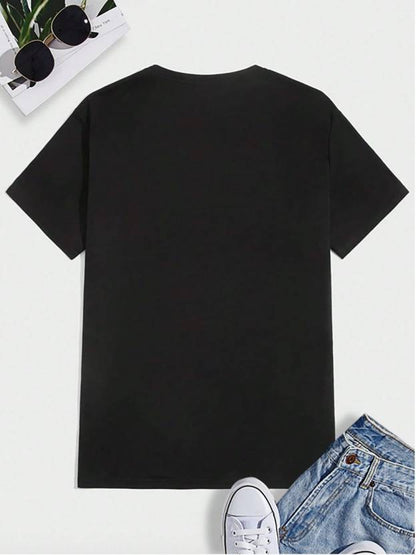 Printed Round Neck Polyester Black T-Shirt