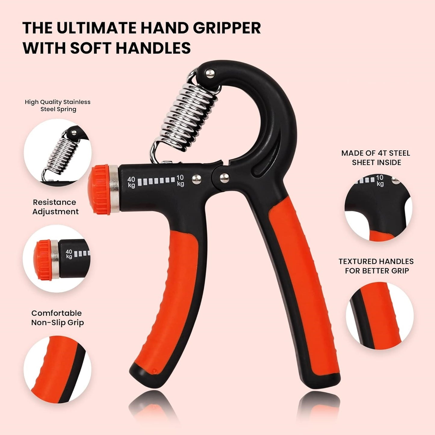 Premium Hand Grip Strengthener, (Orange & Black)