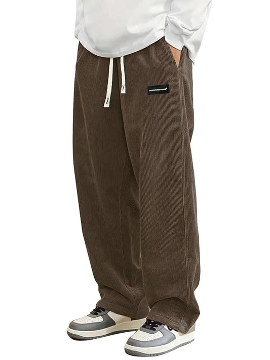Mens Corduroy Casual Pants Straight Sweatpants Elastic Waist Drawstring