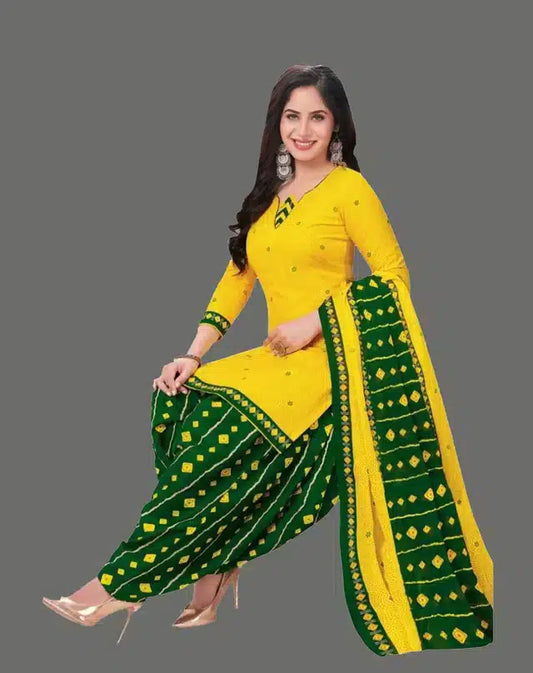Printed Dress Material for Women & Girls (Yellow & Green)