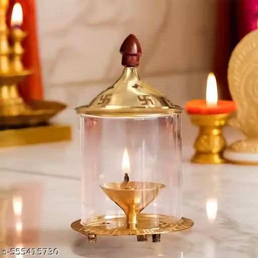 Brass and Glass Akhand Deep Diya with Cover for Puja