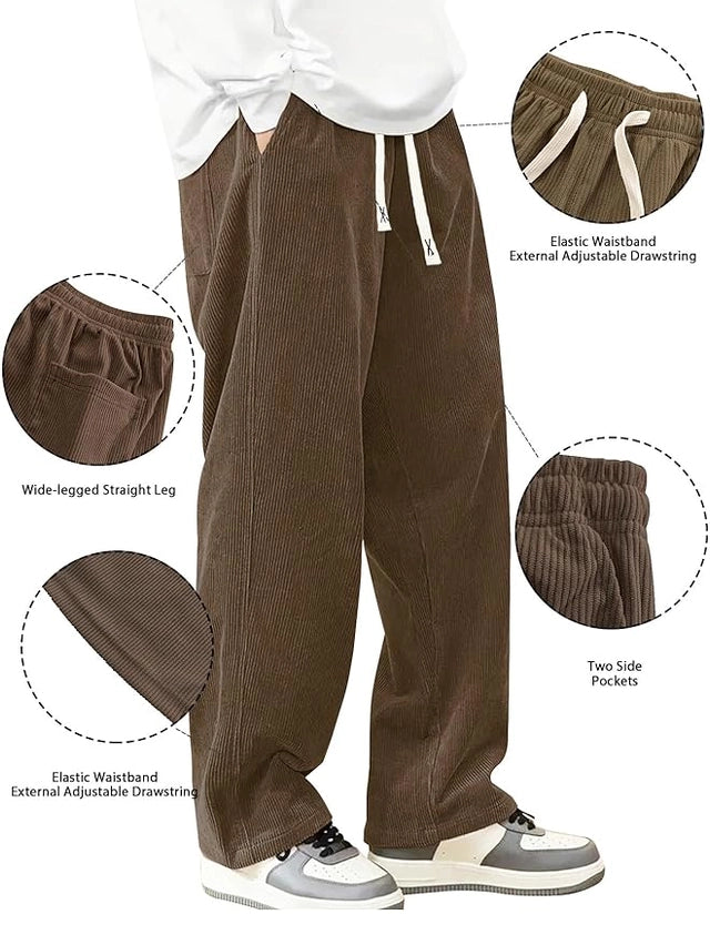 Mens Corduroy Casual Pants Straight Sweatpants Elastic Waist Drawstring