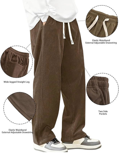 Mens Corduroy Casual Pants Straight Sweatpants Elastic Waist Drawstring
