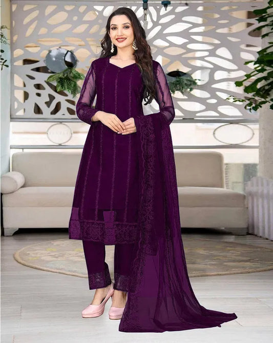 Women Net Kurti Set with Dupatta And Bottomwear