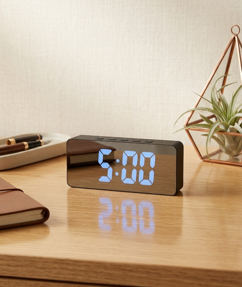 Modern LED Mirror Digital Alarm Clock with Temperature Display and Snooze